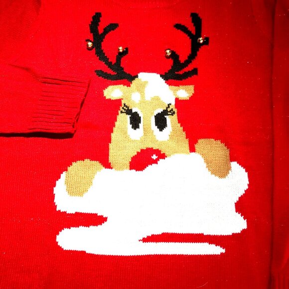 Christmas Sweater Womens XXL Red Reindeer Design Jingle Bells Accents - Picture 2 of 5
